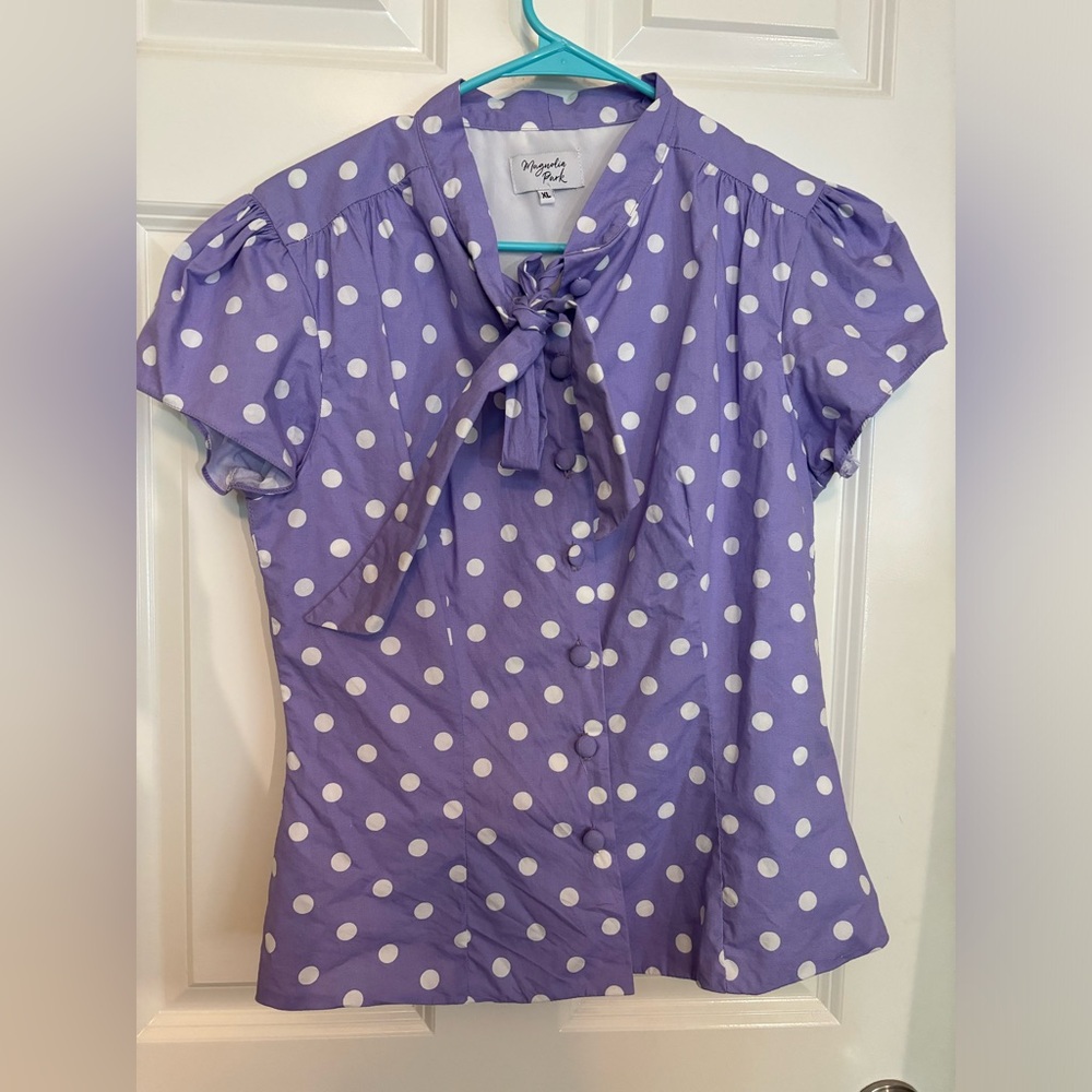 Magnolia Park necktie purple polka dot blouse. Size xl.